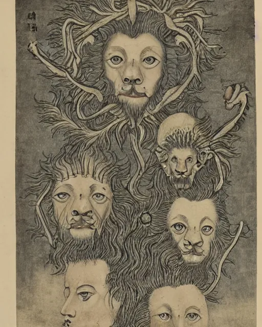 Prompt: zmei gorynich with four heads. one human head, second eagle head, third lion head, fourth ox head. drawn