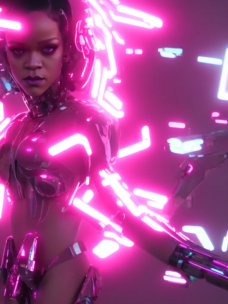 Image similar to cinematic, photography, a beautiful rihanna cyborg, perfect bionic body, pink chrome armor, neon holographic ui data displays, pink space gun, hajime sorayama, masamune shirow, octane rendered, 4 k, lens flare,