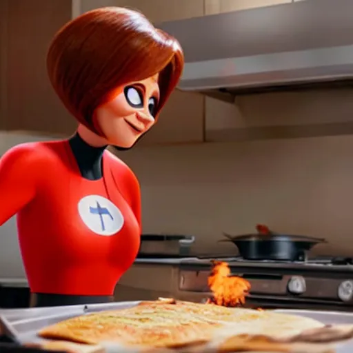 Prompt: film still of helen parr cooking breakfast in incredibles 2