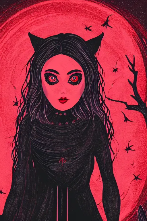 Image similar to close-up portrait of a dark witch in front of the full big moon, red background, vector graphic, detailed, full HD, 4k, 8k, 1080p