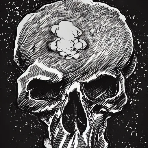 Prompt: a person with a mushroom cloud instead of a head, skull explosion, dark, fine detail heavy metal gritty style