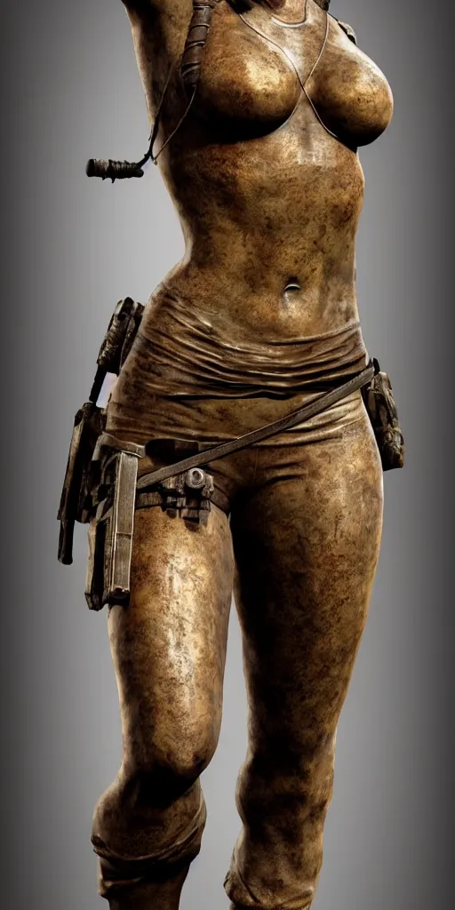 Prompt: detailed photo of an old bronze patina full body statue of a beautiful lara croft, photorealism, intricate detail, museum diffuse lighting