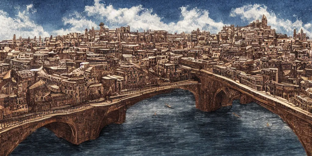 Image similar to Illustration, single long narrow huge ancient city on a narrow sky high bridge, over water, really long, all buildings on bridge, tall arched bridge holding the city in the clouds