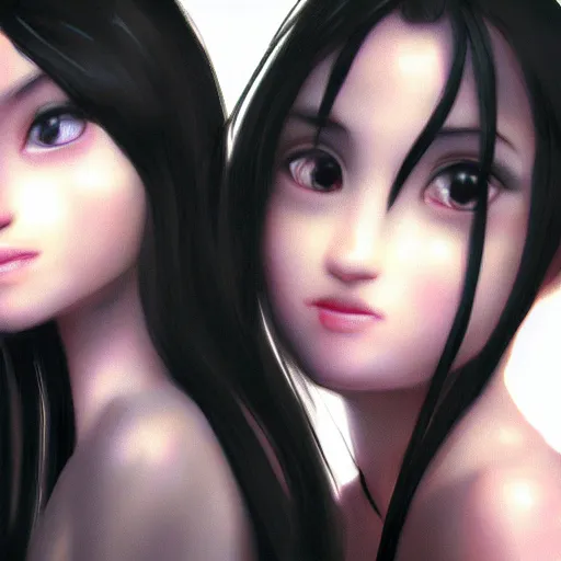 Image similar to of 2 girls with pearl shining in backgroud, black hair, photorealistic, cinematic light, highly detailed,