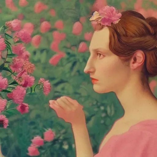 Image similar to a lot of flowers morphing in a beautiful girls face, film still by wes anderson, depicted by balthus, limited color palette, very intricate, art nouveau, highly detailed, lights by hopper, soft pastel colors, minimalist