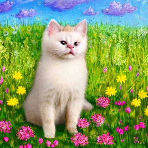 Image similar to cute fluffy siamese cat sitting in a meadow of spring flowers detailed painting 4k