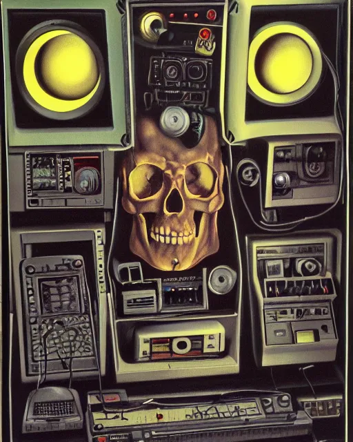 Prompt: a sacred skull observing 8 0 s era technology, vintage shapes, retro technology, vintage color, wayne barlow, oil on canvas, deep depth of field, masterpiece, cinematic composition, hyperdetailed