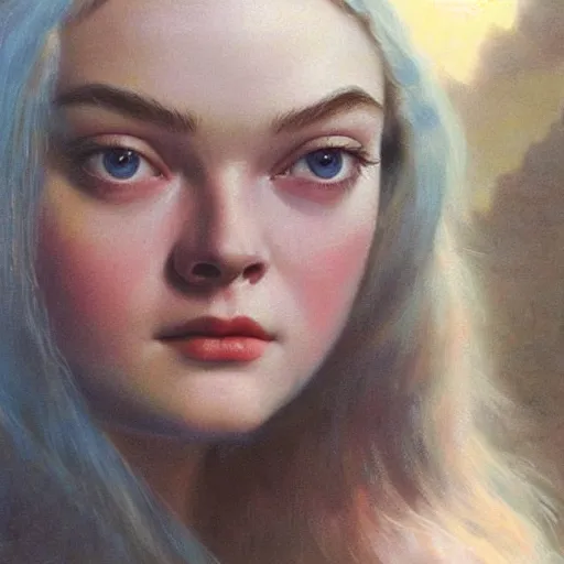 Image similar to ultra realistic portrait painting of elle fanning in the world of bruce pennington, art by frank frazetta, 4 k, ultra realistic, highly detailed, epic lighting