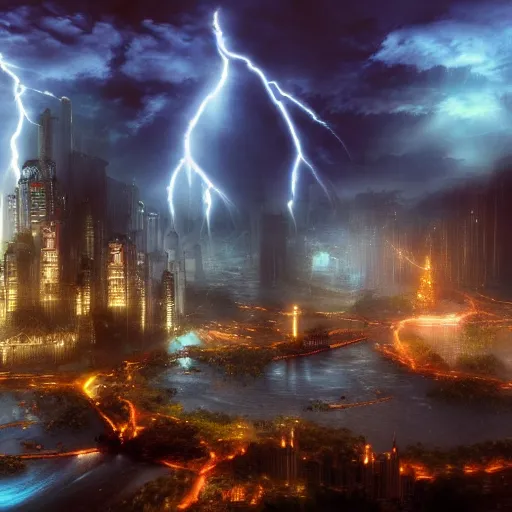 Image similar to a fantasy city with waterfalls gothic cyberpunk, cinematic lightning, clouds epic ultrawide