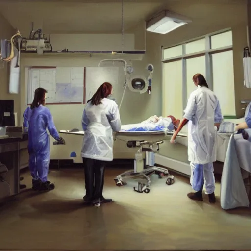 Image similar to oil painting of a female surgeon in the operating room, operating