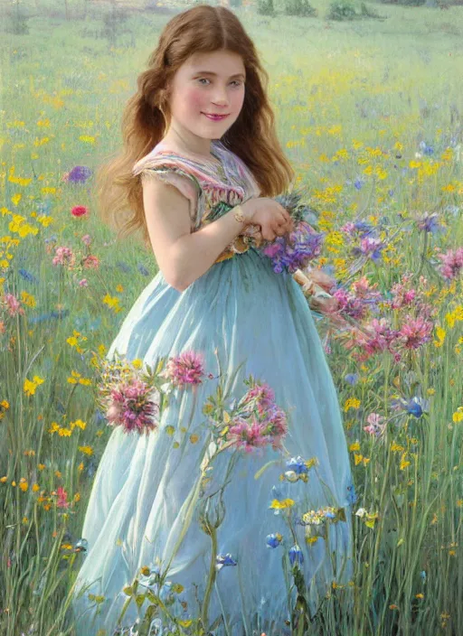 Prompt: a cute little girl with a round cherubic face, blue eyes, and short wavy light brown hair smiles as she stands in a field of colorful wildflowers. she is wearing a turquoise dress and holding a bouquet of wildflowers. beautiful painting by artgerm and greg rutkowski and alphonse mucha