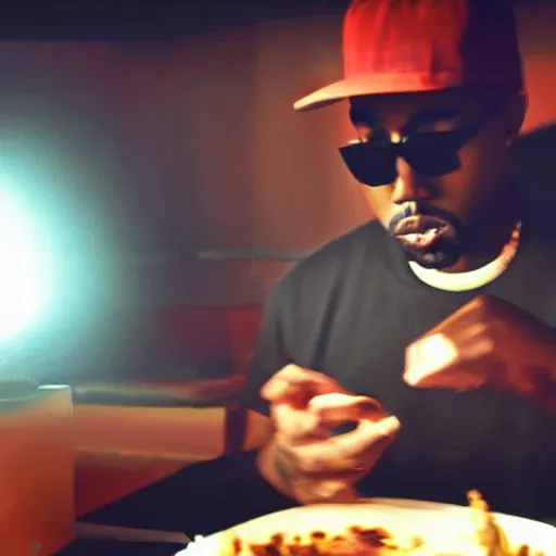 Image similar to blurry, gopro footage of kanye west eating at taco bell, cinematic, volumetric lighting, night, rain