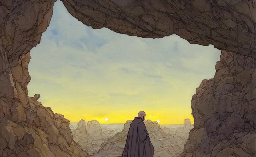 Prompt: a hyperrealist watercolor concept art of a medieval monk in grey robes looking at a sunset through a rock arch dimensional portal to an alien world. very muted colors, by rebecca guay, michael kaluta, charles vess. high detail, hq, wide shot, 4 k