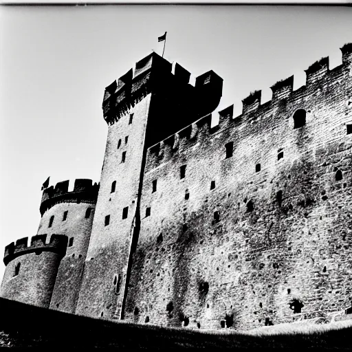 Image similar to a medieval castle on a hill, surrounded by renaissance era fortress walls, surrounded by barbed wire and trenches, black and white photography, 3 5 mm film