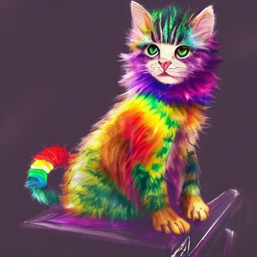 Image similar to wide angle full body, jacket wearing fluffy cute rainbow kitten wearing a black leather motorcycle jacket, cinematic concept art