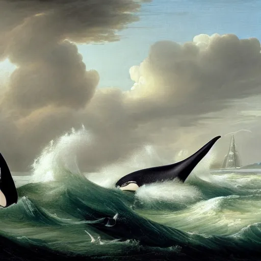 Image similar to orcas at sea, stormy, asher brown durand, highly detailed, artstation