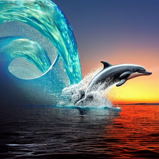 Prompt: robotic dolphin inside a wave tube in the north shore, hawaii, sunset, airbrush, chrome, hajime sorayama, 4 k