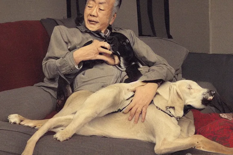 Image similar to A man leaning back on a sofa with his dog in his lap, Shinji Aramaki