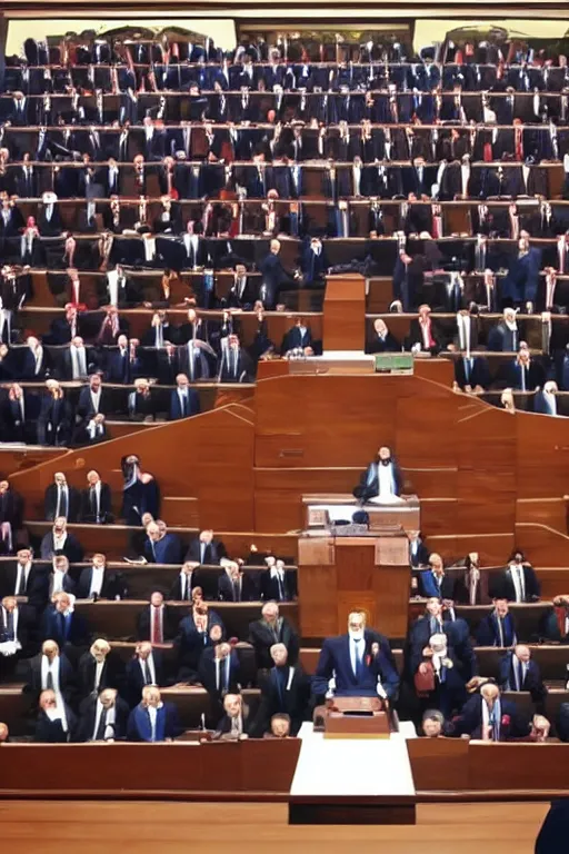 Prompt: a representative in turkish parliament is giving a speech, the image has gta loading screen visual style.