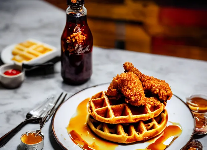 Image similar to dslr food photograph of a belgian waffle with fried chicken on top drizzled with maple syrup and a bottle of hot sauce on the side, 8 5 mm f 1. 8