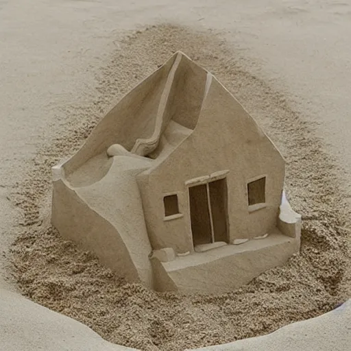 Prompt: A beautiful conceptual art of a broken-down house with a family living inside. sand sculpture by Chip Zdarsky rhythmic