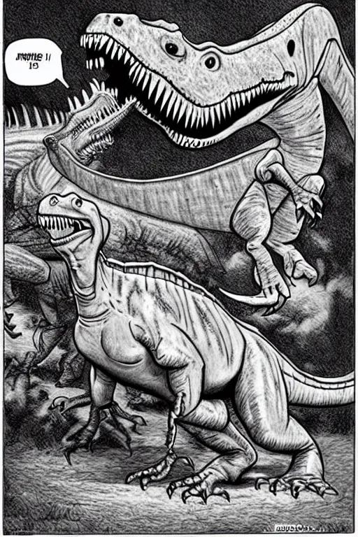 Image similar to trex and a dinosaur, art style ben garrison!!!!!!!!!!!!!!!! drawn by ben garrison, iconic, masterpiece, ornate and detailed, cartoon