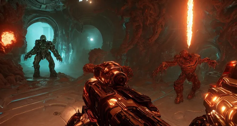 Image similar to gameplay of doom eternal, ambient lighting, concept art, intricate, hyper detailed, smooth, action, volumetric lighting, 3 d render, unreal, octane