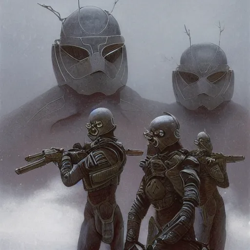 Image similar to portrait of futuristic soldiers squad on the art deco streets of the undying empire city of ya - sattra during the festival of masks, snow, winter, award - winning realistic sci - fi concept art by beksinski, bruegel, greg rutkowski, alphonse mucha, and yoshitaka amano