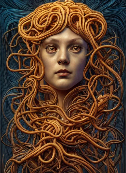 Image similar to medusa, wooden art nouveau swirls, strong subsurface scattering, cables, tubes, subsurface scattering, in the style of james jean and tomasz alen kopera and ross draws, subsurface scattering, mystical colors, rim light, soft lighting, 8 k, stunning scene, raytracing, octane render, trending on artstation