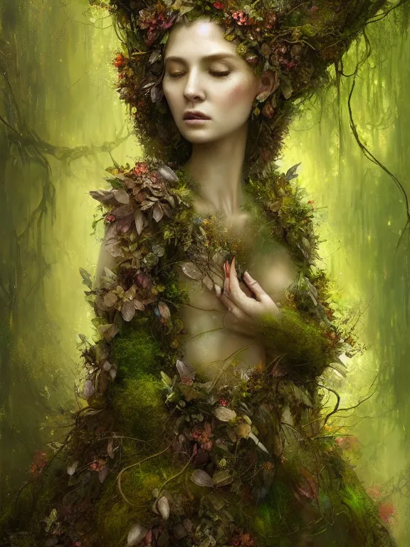 Image similar to Full View Portrait Mystical ethereal Forest deity wearing beautiful dress, vines tree bark moss Dryad made of forest beautiful dress, 4k digital masterpiece by Craig Mullins and Ruan Jia and Tom bagshaw, Alberto Seveso, fantasycore, Hyperdetailed, realistic oil on linen, soft lighting, kush background, featured on Artstation, textured, stylized, intricate details