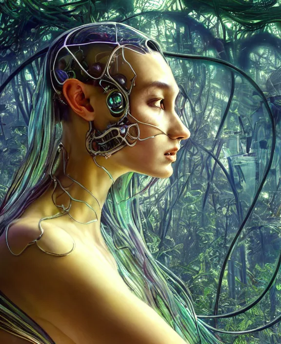 Prompt: opulent transparent clear see - through portrait of a terrifying beautiful male alien centipede computer cyborg, mottled coloring, adorable, childlike, overgrown biopunk jungle environment, ultra realistic, concept art, art nouveau, photorealistic, octane render, 8 k, unreal engine. art by christopher marley and artgerm and greg rutkowski and alphonse mucha