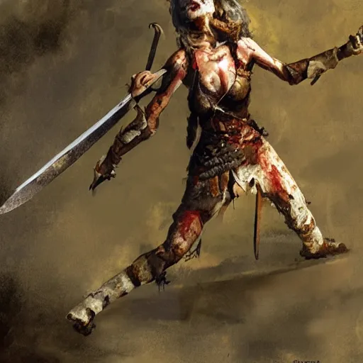 Image similar to a warrior woman with a stunning sword, dead zombie on ground, by craig mullins _ w 7 0 0