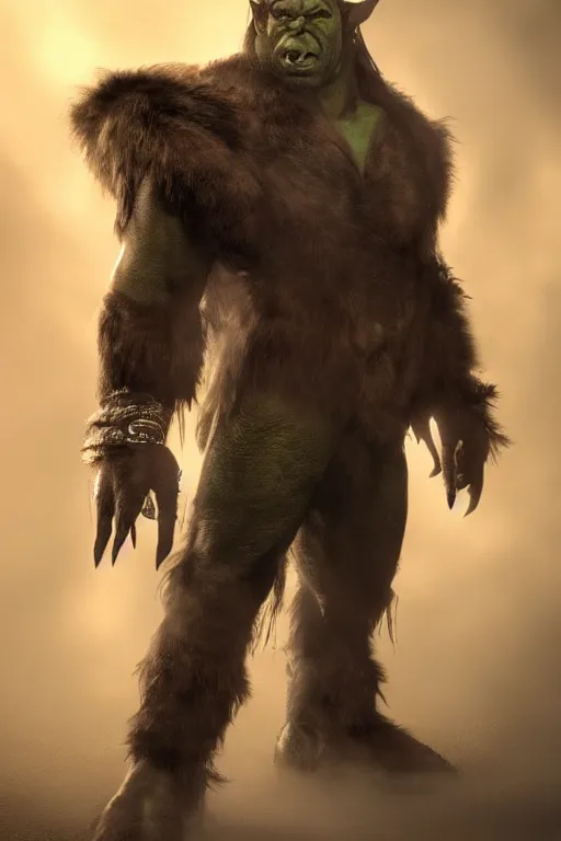 Image similar to A full body shot of a handsome orc looking into the camera wearing a leather fur jacket and boots, full body shot, detailed face, artstation, realistic, highly detailed, symmetrical, hyper realistic, dynamic pose, high detail, octane render, unreal engine, 8k, fantasy art, highly detailed, concept art