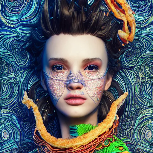 Image similar to the portrait of an unbelievably beautiful woman partially made of onion rings, an ultrafine detailed illustration by james jean, final fantasy, intricate linework, bright colors, behance contest winner, vanitas, angular, altermodern, unreal engine 5 highly rendered, global illumination, radiant light, detailed and intricate environment