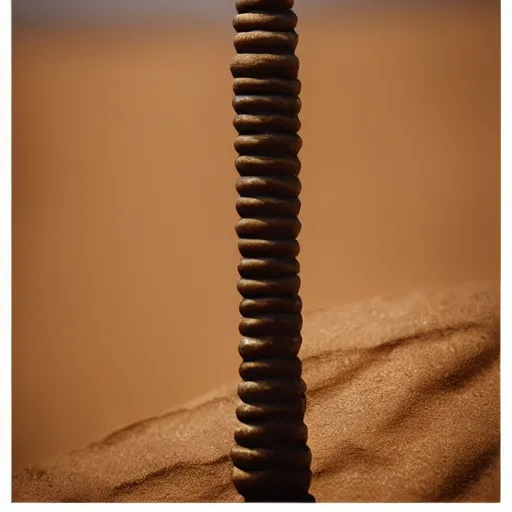 Image similar to Bronze 1500BCE Canaanite serpent sculpture at the top of a tall pole. Desert background. 40mm lens, shallow depth of field, split lighting