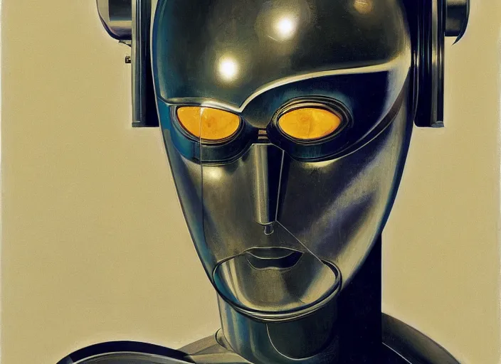 Image similar to a portrait headshot of sci fi metallic human, bright eyes, melancholic complex geometric figure liminal machinery by oskar schlemmer, moebius, john berkey, oil on canvas, portrait facial head, featured on artstation, hd wallpaper