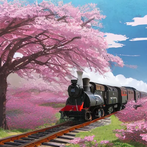 Image similar to concept art painting of a historic transverse view of a steam train, the train carries a cherry tree in flower, realistic, detailed, cel shaded, in the style of makoto shinkai and greg rutkowski and james gurney