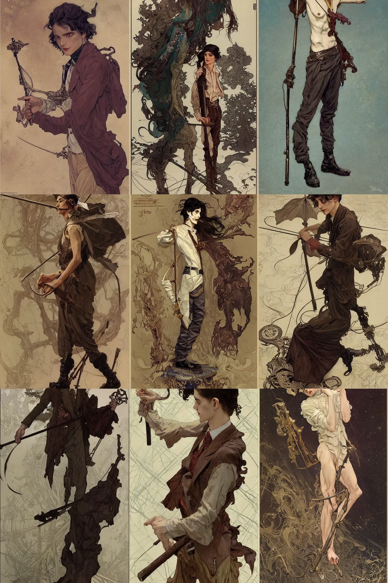 Prompt: thin young male with walking cane, long dark hair, 1 9 2 0 s fashion, fantasy, highly detailed, intricate, smooth, art by joseph leyendecker, peter mohrbacher, ruan jia, marc simonetti, ayami kojima, cedric peyravernay, alphonse mucha, victo ngai