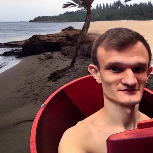 Image similar to vitalik buterin on a red beach taking a selfie