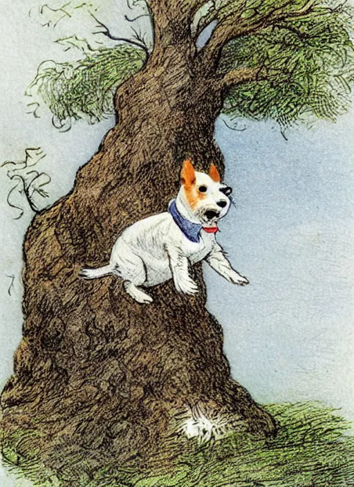 Prompt: jack russel terrier jumping from the ground over a small tree, illustrated by peggy fortnum and beatrix potter and sir john tenniel