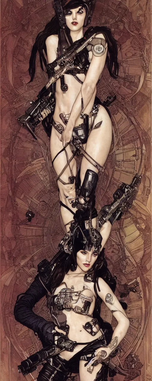 Image similar to striking sensual indudtrial art nouveau style portrait of cristina ricci as an cyberpunk heavy metal rebel soldier by travis charest, simon bisley and alphonse mucha, photorealism, extremely hyperdetailed, perfect symmetrical facial features, perfect anatomy, ornate declotage, weapon, latex, excited expression, wild eyes
