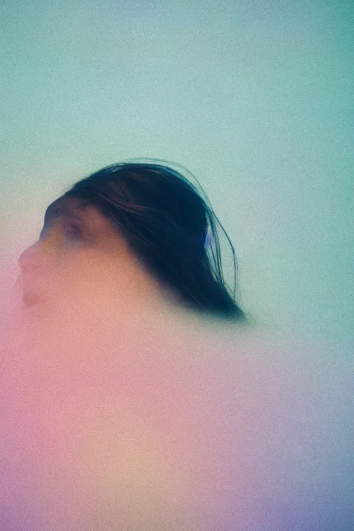 Image similar to high quality pastel coloured film close up wide angle photograph of a model wearing clothing swimming on cloud furniture in a icelandic black rock!! environment in a partially haze filled dreamstate world. three point light, rainbow. photographic production. art directed. pastel colours. volumetric clouds. pastel gradient overlay. waves glitch artefacts. extreme facial clarity. 8 k. filmic.