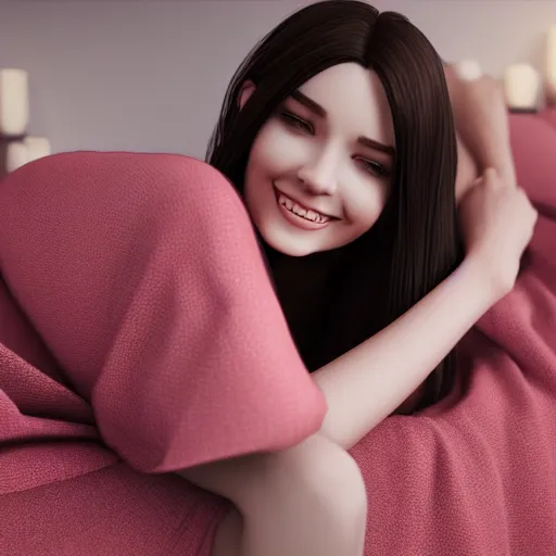 Image similar to 3 d render of a cute thin young woman, red blush, wearing casual clothes, small smile, relaxing on a couch, cuddling up under a blanket cozy living room, medium shot, 8 k, octane render, trending on artstation, art by artgerm, unreal engine 5, hyperrealism, hyperdetailed, ultra realistic