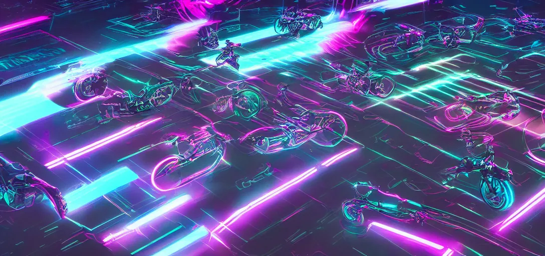 Image similar to cyberpunk, synthwave, vaporware aesthetics, retrowave, flat shading, neon, highly detailed aerial digital art of a tron cyberbike race, drone shot, cell - shaded