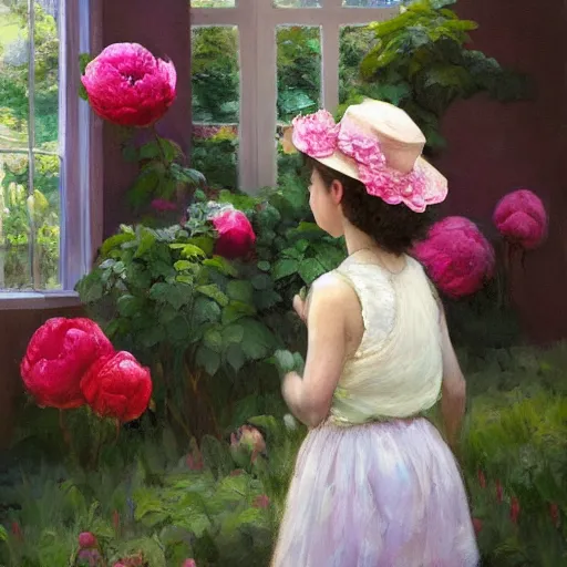 Image similar to a girl in a hat with peonies looks out the window at a blooming garden, rear view, art by vrubel, highly detailed, digital painting, artstation, matte, sharp focus