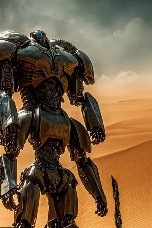 Image similar to cinematic still in dune movie and pacific rim movie and ps 5 game machine warrior 5, intricate ornate humanoid mecha warrior,