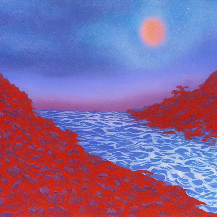 Prompt: a alien planet with a red ocean and blue sand and rocks at sunrise, bob ross painting, high coherence, highly detailed, high quality, masterpiece, award - winner, hyperrealistic