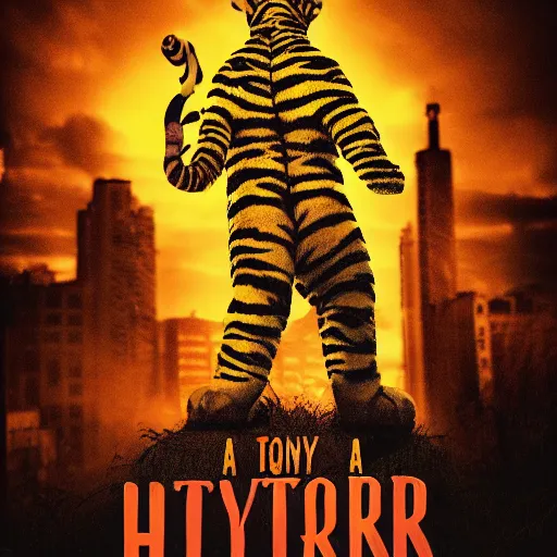 Image similar to a movie poster for a horror movie about Tony the Tiger, cinematic, dramatic lighting