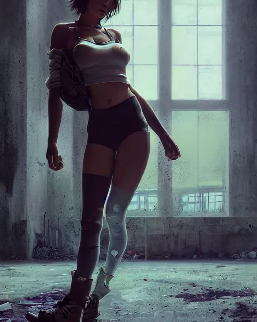 Prompt: daniel gerhartz and artgerm portrait digital realist painting of a beautiful woman wearing streetwear clothing, abandoned warehouse interior in the background, unreal engine, hyper realism, realistic shading, cinematic composition, realistic render, octane render, detailed textures, photorealistic, ultrawide shot, 3 5 mm film