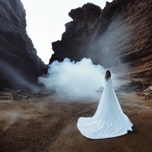 Image similar to photo, a woman in a giant flowing incredibly long dragging white dress made out of white smoke, standing inside a dark western rocky scenic landscape, volumetric lighting